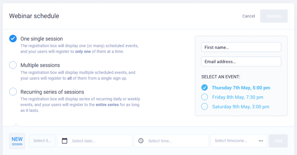 Webinar Schedule page - choices of one single session, multiple sessions, or recurring series of sessions