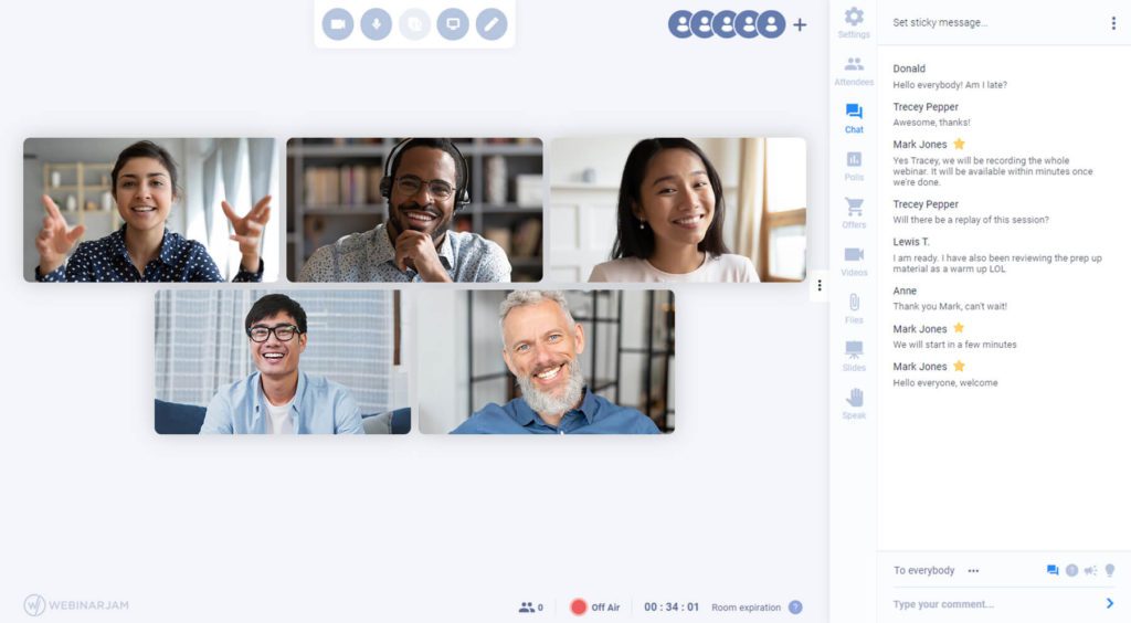 Webinar page showing 5 people with chat text