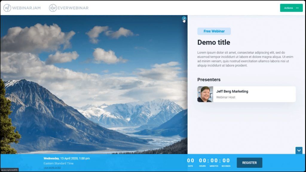 WebinarJam template with mountain: Free Webinar, Demo Titel, Presenters