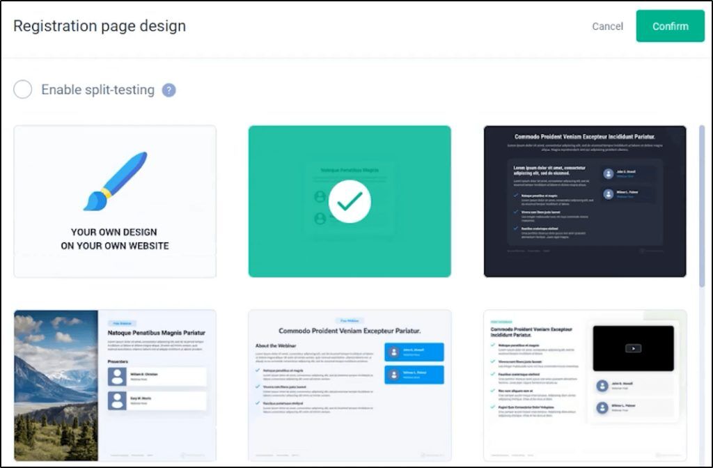 registration page design menu with six choices